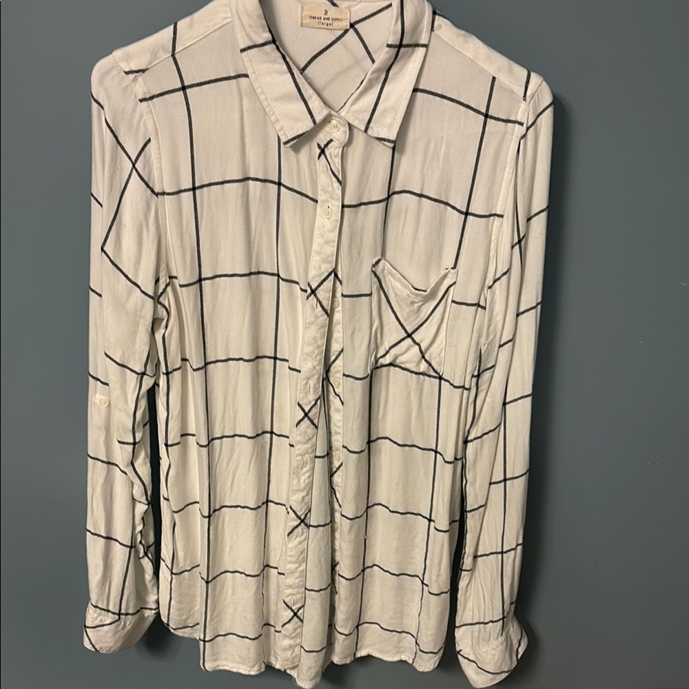 White and Black Plaid Button-Up Shirt